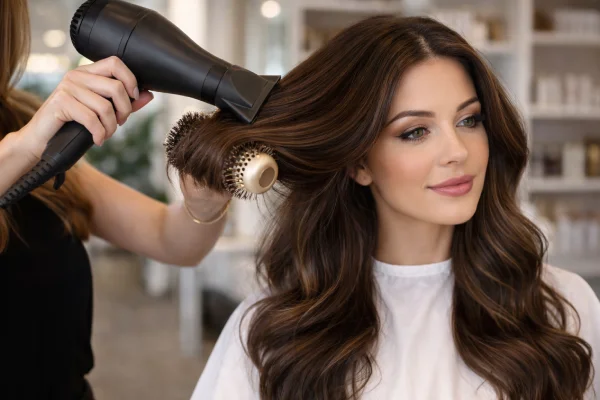 hair expert blowdrying the hair of a woman's brunette hair